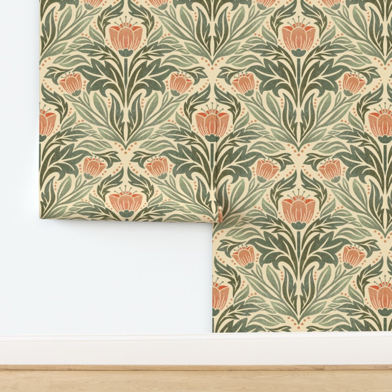 Block Print Floral Orange Tulip Damask Rustic Farmhouse Flowers Green Leaves Custom Pre-pasted Wallpaper by Spoonflower Pre-Pasted Wallpaper 2FT Wide